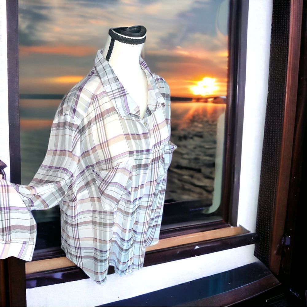 DEX l Long sleeve Blouse l Sheer l White Plaid l Button-down l XXL l EUC